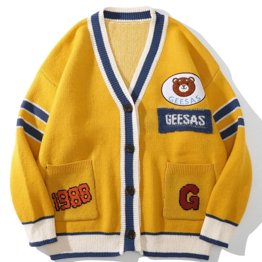 AELFRIC EDEN Unisex Varsity Letterman Sweater Cardigan Patchwork Yellow Gold M - Picture 3 of 12